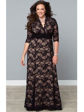 Kiyonna Black Lace Evening Gown Nude Lined Faux Wrap Size 0